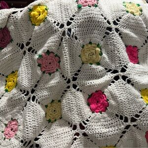 Charming Floral Crochet Quilt - White with Pink, Yellow, and Green Accents